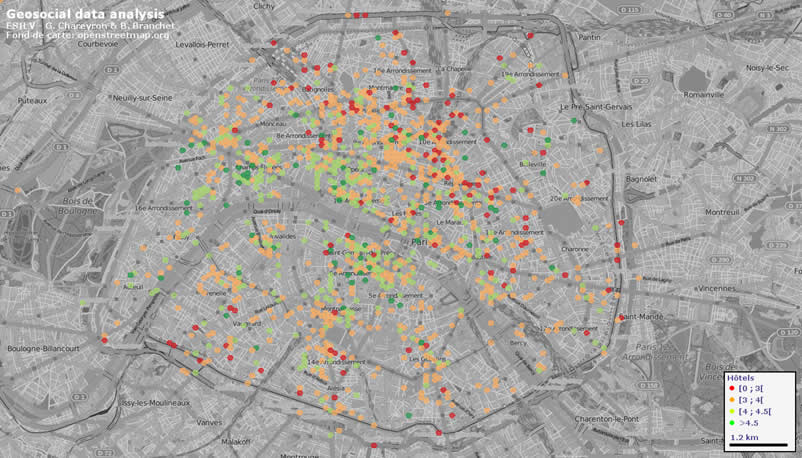 Notes moyennes par secteurs issues de Tripadvisor entre 2011 et 2015  pour les restaurants sur Paris 