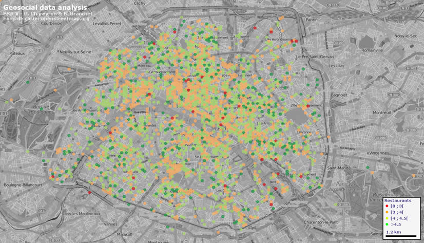 Notes moyennes par secteurs issues de Tripadvisor entre 2011 et 2015  pour les hôtels sur Paris